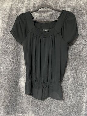 Smocked Waist Black Square-Neck Sheer Short Sleeve Blouse